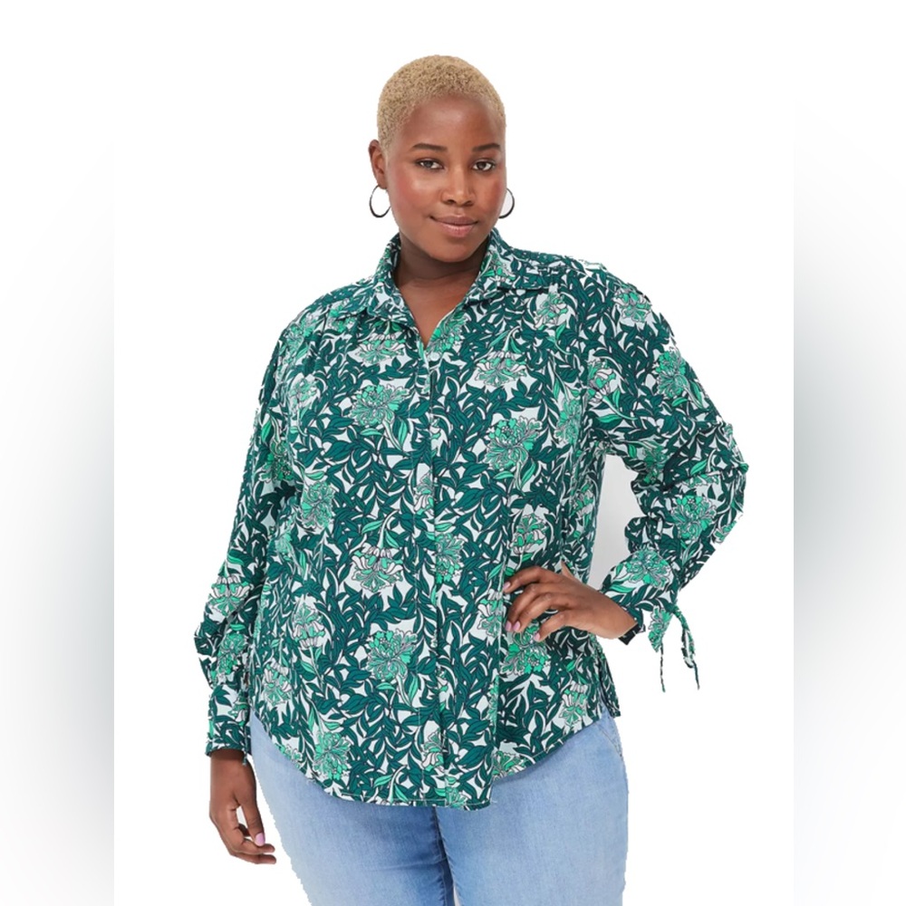 Collared Button-Front Tie-Cuff Blouse - Multi Green Floral